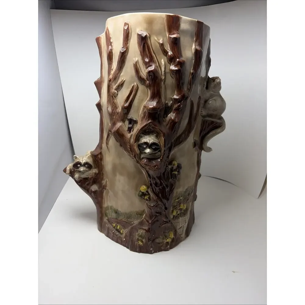 Ceramic Umbrella Stand Mid Century Majolica Raccoon in Tree 3D Woodland